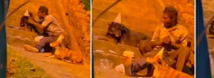 Συγκινητικό βίντεο: Άστεγος γιορτάζει τα γενέθλια του σκύλου του με καπελάκια, τούρτα και κεράκια