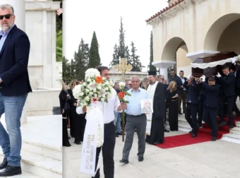 Κηδεία Άννας Παναγιωτοπούλου – Συγκινημένος ο γιος της – Την αποχαιρέτησε με ένα λευκό τριαντάφυλλο